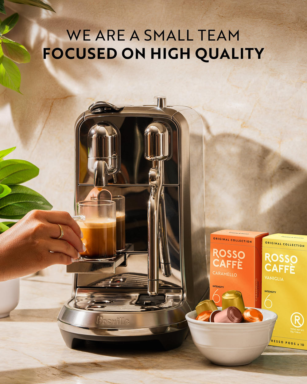 Rosso Caffè cup with crema, suggesting a smooth at‑home cafe experience
