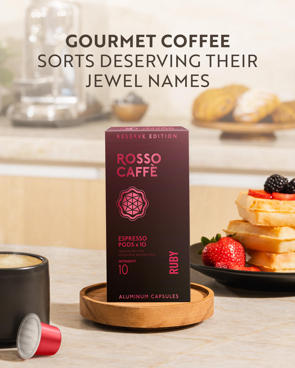 ROSSO CAFFÈ crema-forward brew close-up, ideal for capturing the moment of coffee ritual.