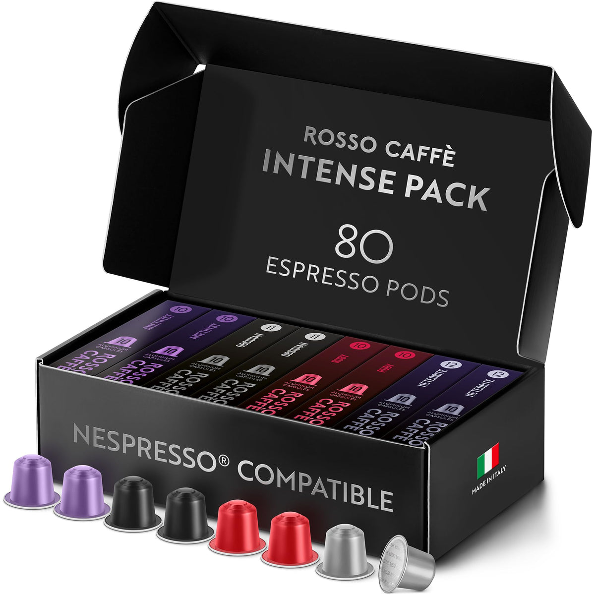 ROSSO CAFFÈ espresso pods original pack close-up, delivering bold crema for authentic home espresso.