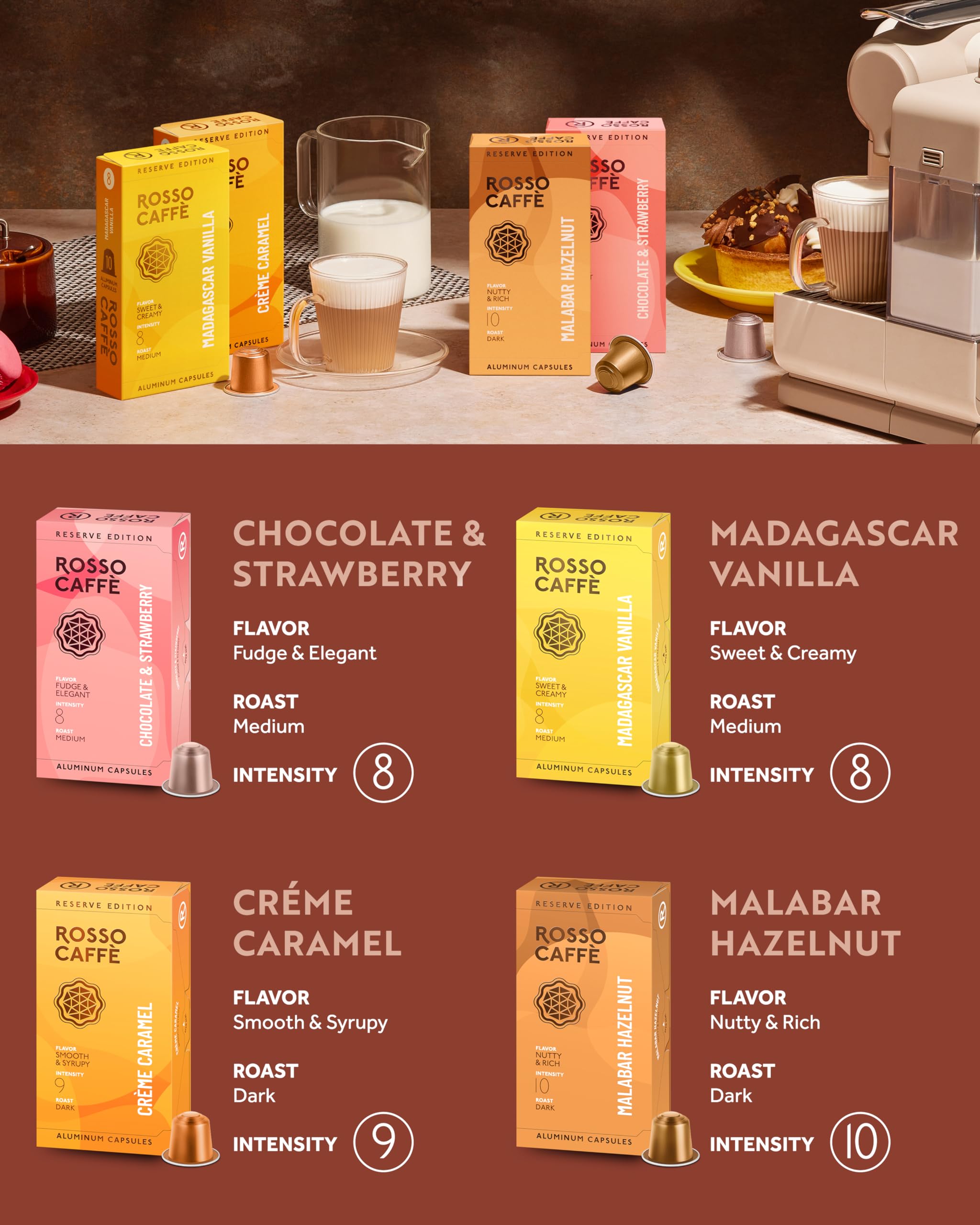 Rosso Caffè Chocolate flavor pod with balanced, aromatic espresso and crema