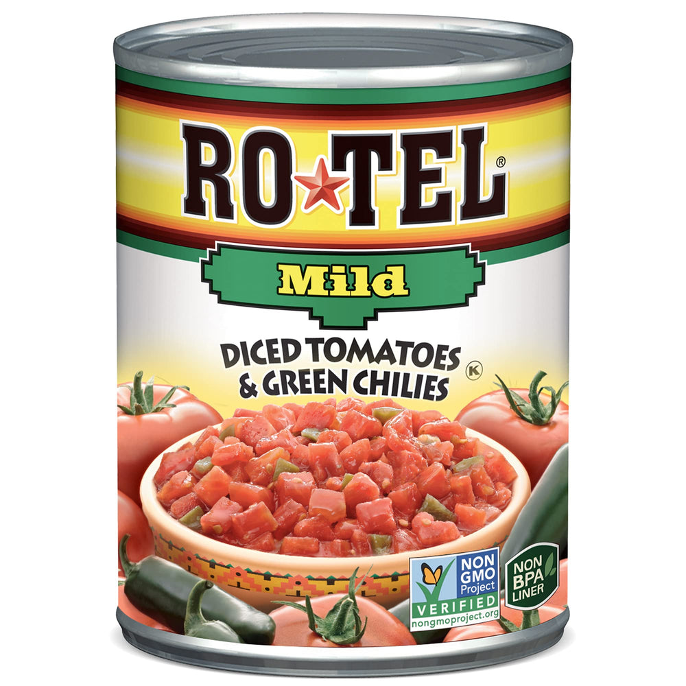 RO*TEL Mild Diced Tomatoes and Green Chilies front can view, ideal for quick dips.