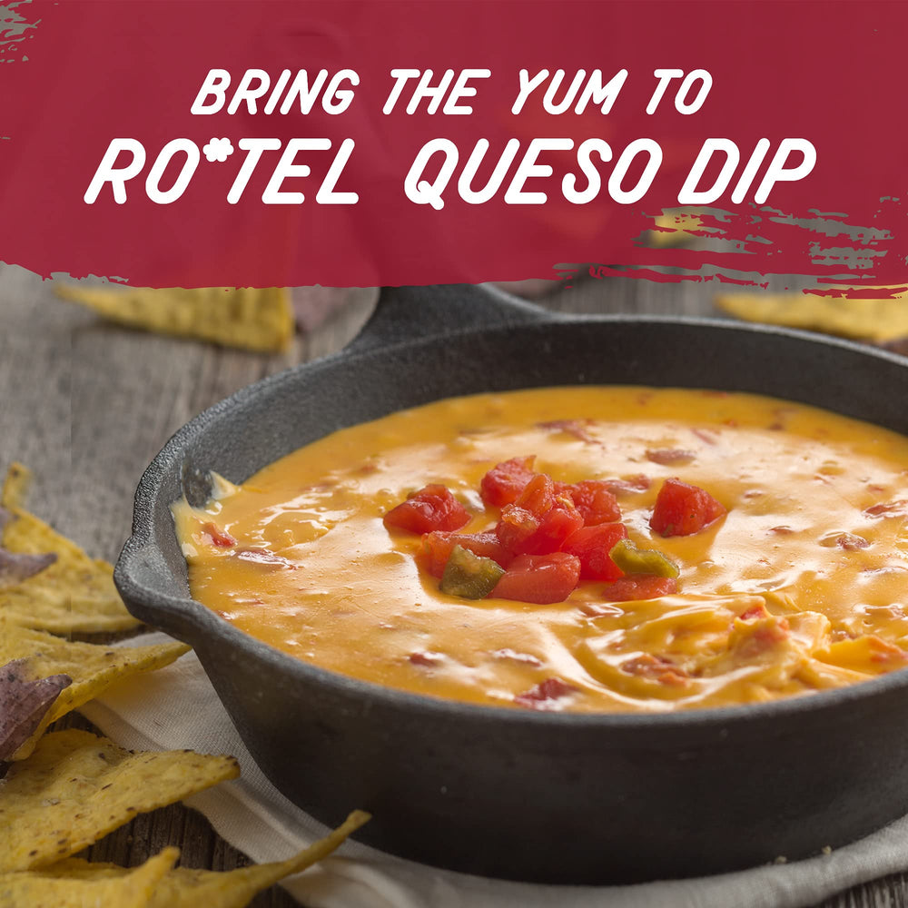 RO*TEL being poured into queso, a ready-to-use flavor boost.