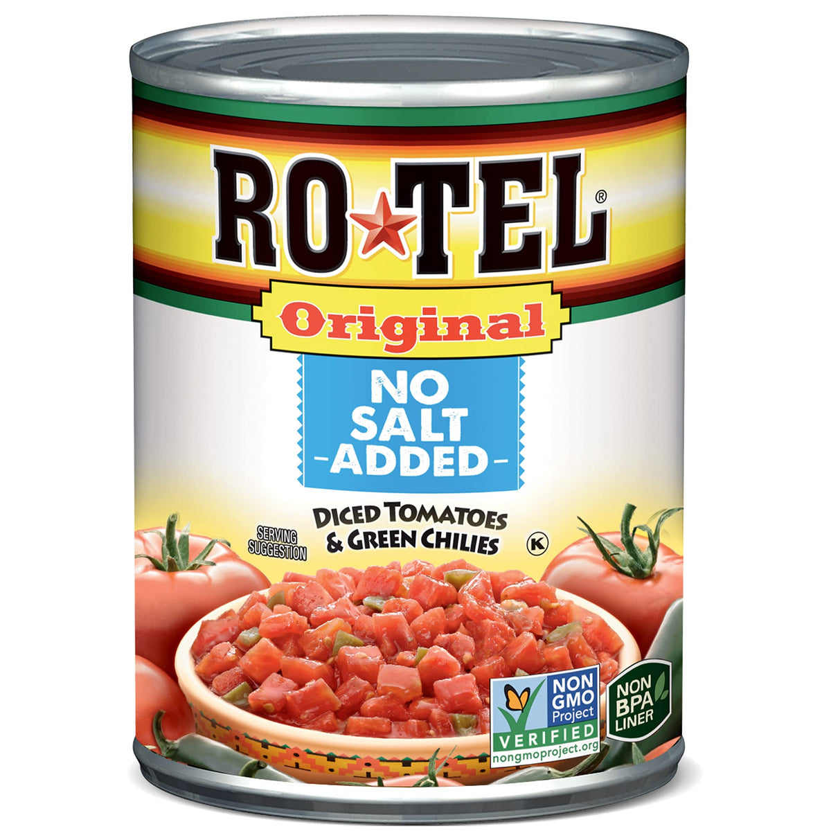 RO*TEL Original No Salt Added Diced Tomatoes and Green Chilies can image for bold, low-sodium flavor.