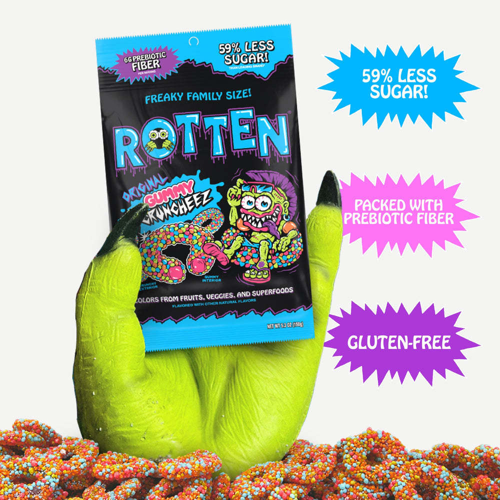 Rotten Original Gummy Cruncheez USA-made share pack on counter.
