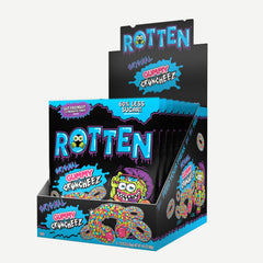 Rotten Gummy Cruncheez 8-pack box front with bold flavors and gluten-free claim