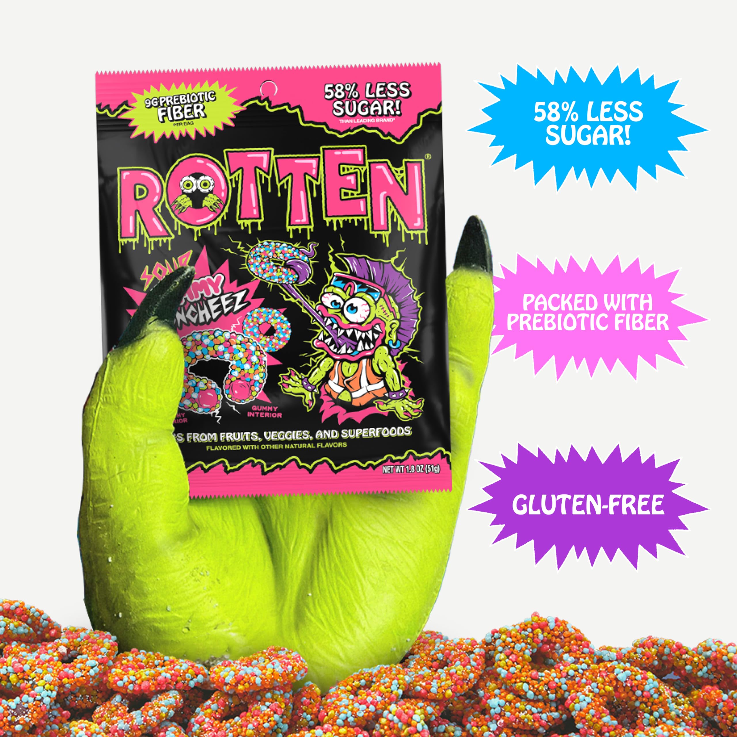 Rotten Sour Gummy Cruncheez portion-size image suggests shareable treat