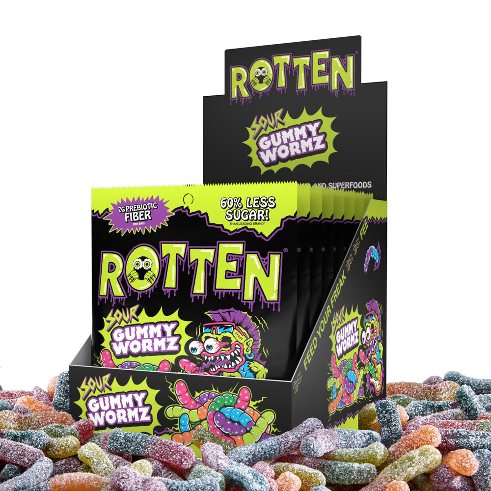 Rotten Sour Gummy Worms 8-pack front view, a gluten-free treat ready to enjoy