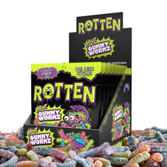 Rotten Sour Gummy Worms 8-pack front view, a gluten-free treat ready to enjoy
