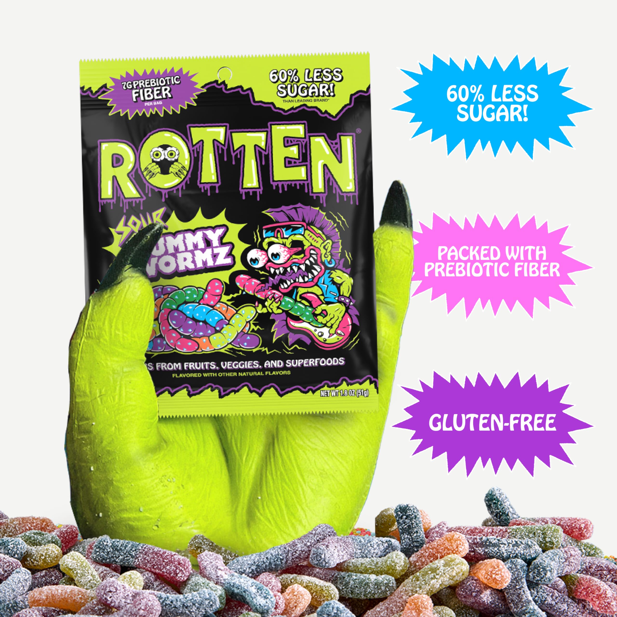 Back of Rotten Sour Gummy Worms package with nutrition notes and fiber benefits