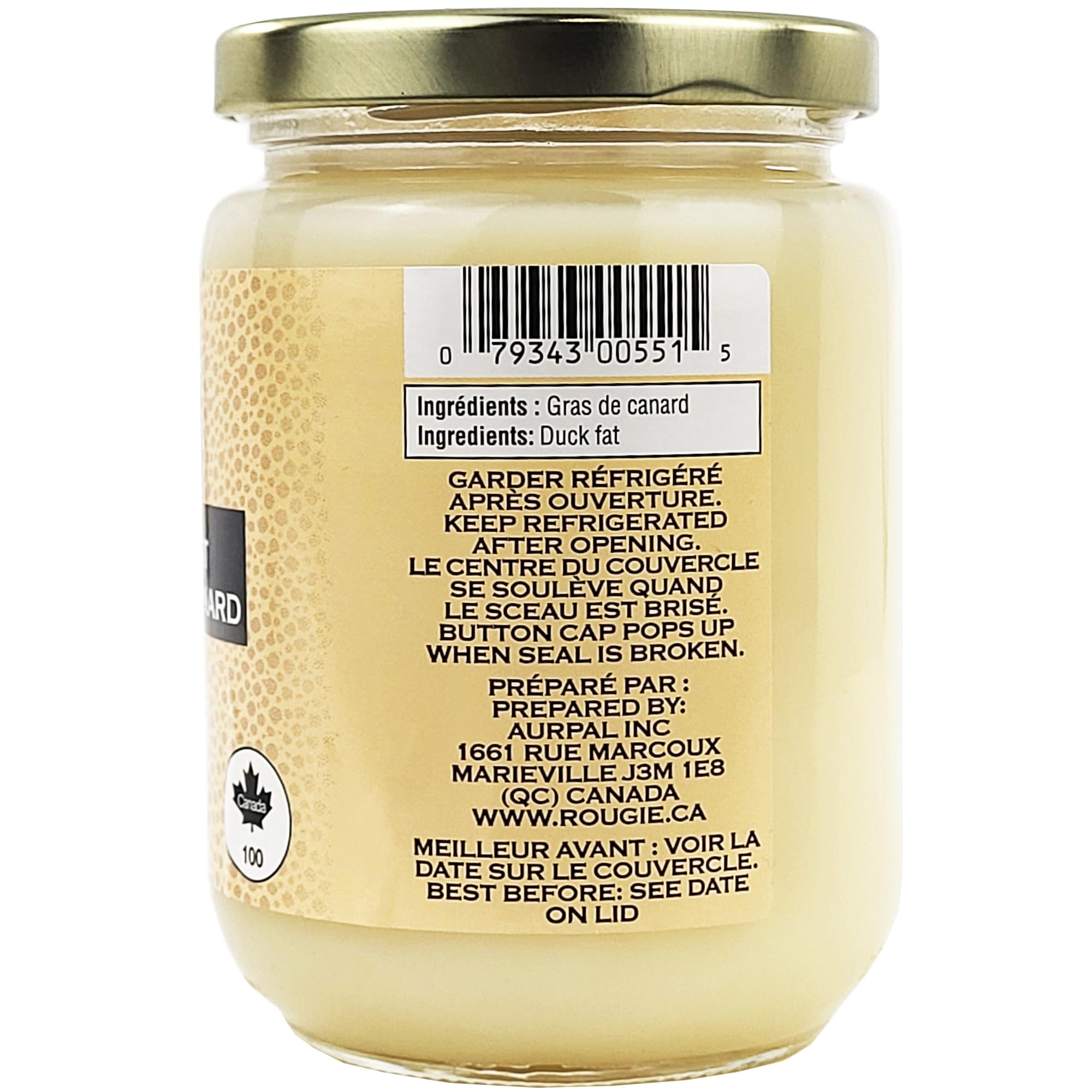 Close-up of Rougie duck fat texture, silky mouthfeel for sautéing vegetables.