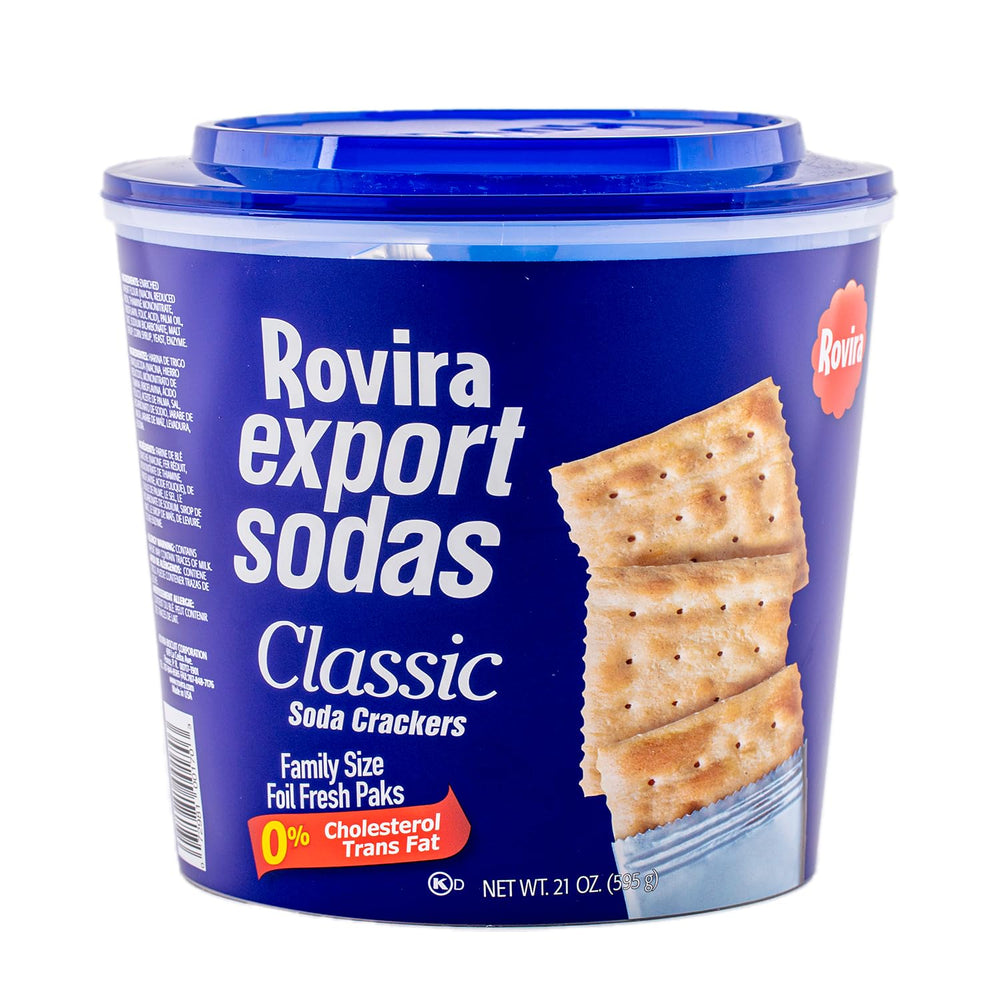 Rovira Export Soda Crackers bucket with crisp texture ideal for snacking on the go.