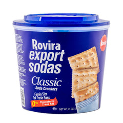 Rovira Export Soda Crackers bucket with crisp texture ideal for snacking on the go.