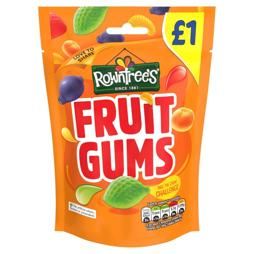 Rowntree's Fruit Gums 3-pack box with colorful flavours for sharing.