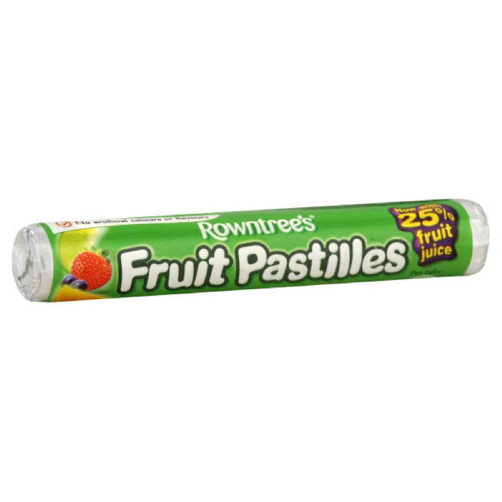 Rowntree's Fruit Pastilles Roll pack, sugar-coated fruit chews for on-the-go snacking.