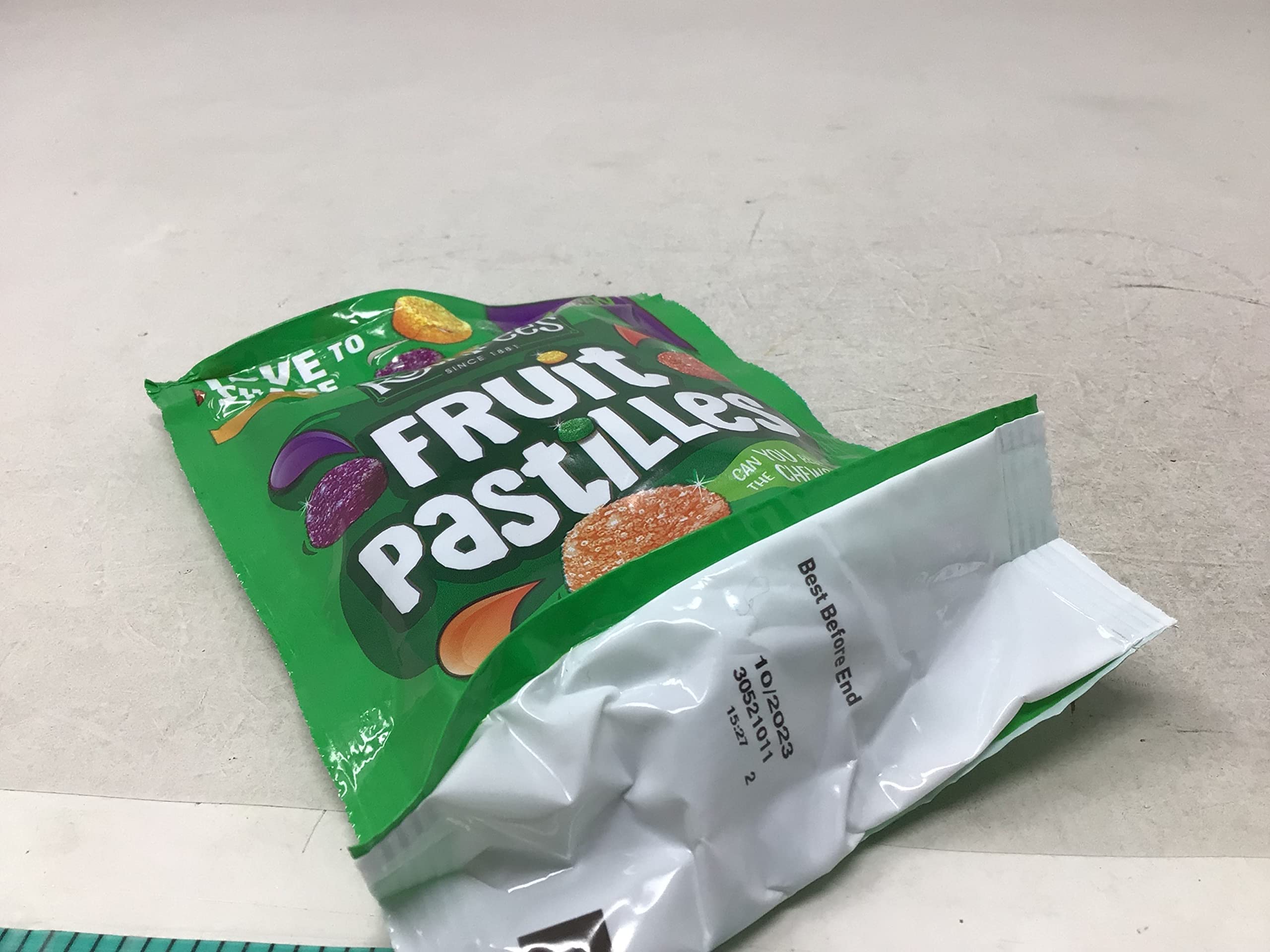 Open Rowntree's vegan pastilles pouch showing candies for sharing on the go.