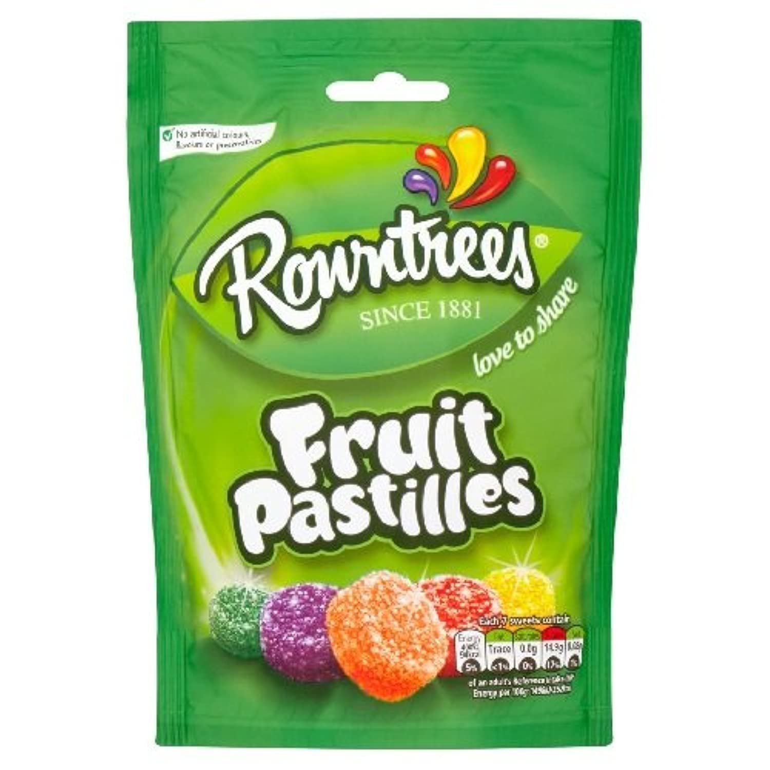 Rowntree's vegan fruit pastilles sharing pouch top view, ideal for group snacking.