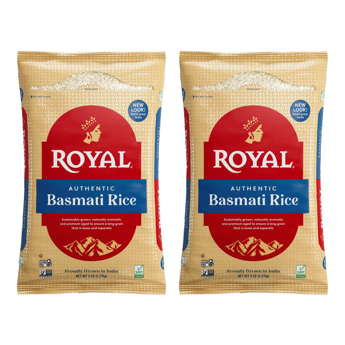 Royal Basmati rice 10lb bag, pantry-ready burlap packaging for easy storage.