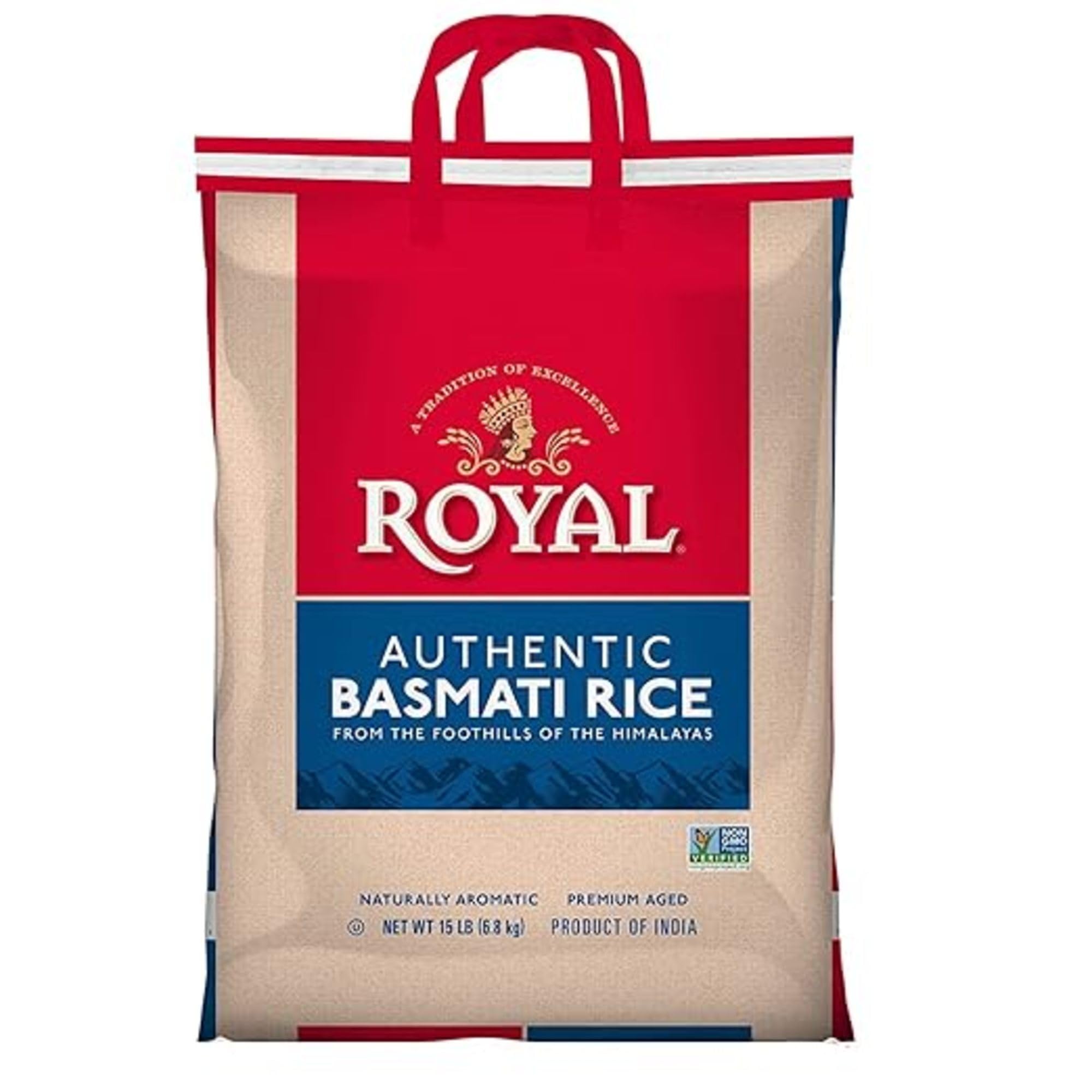 Royal Basmati rice bags front, premium Himalaya-sourced grains for flavorful meals.