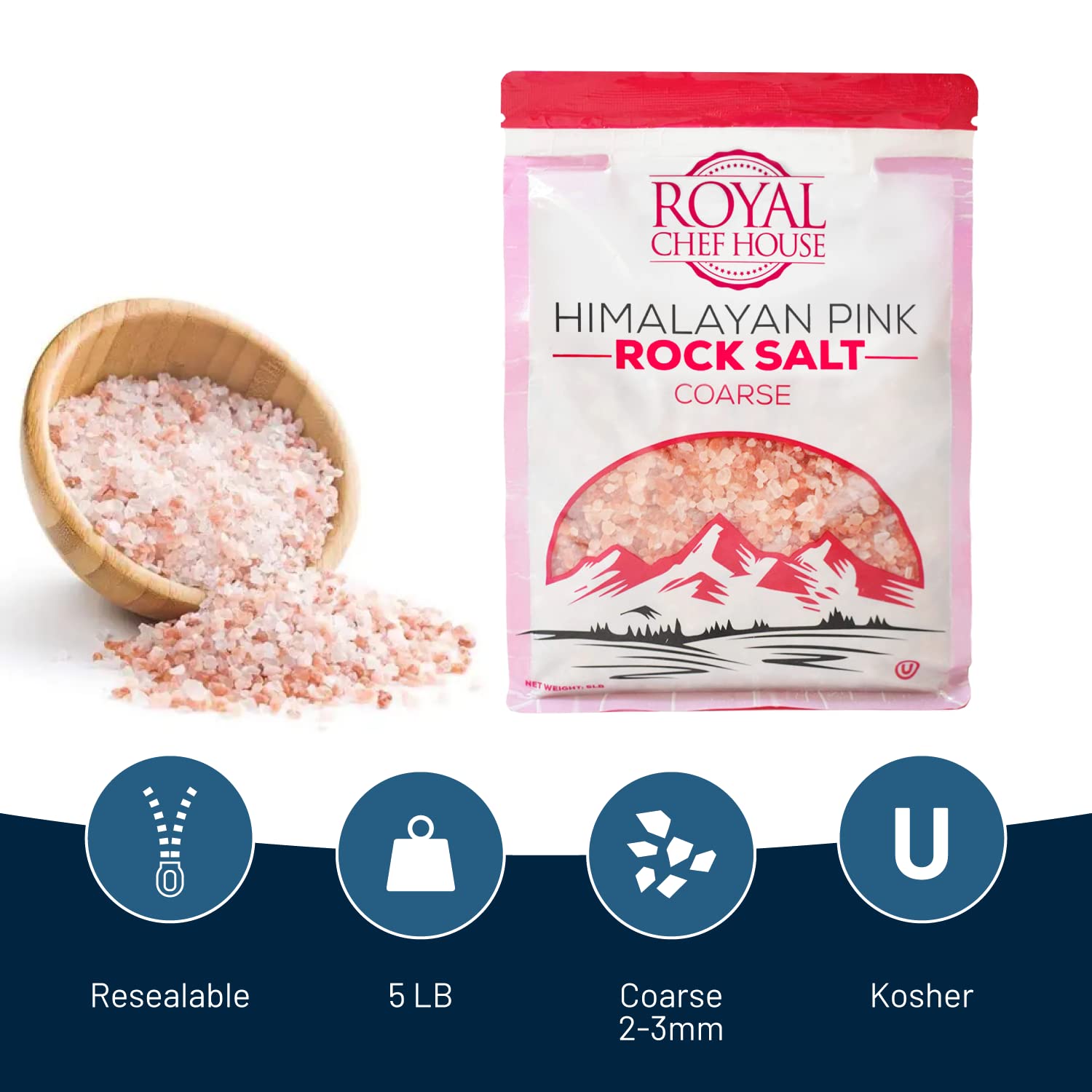 Close-up of Royal Chef House Himalayan Pink Salt crystals showing natural texture.