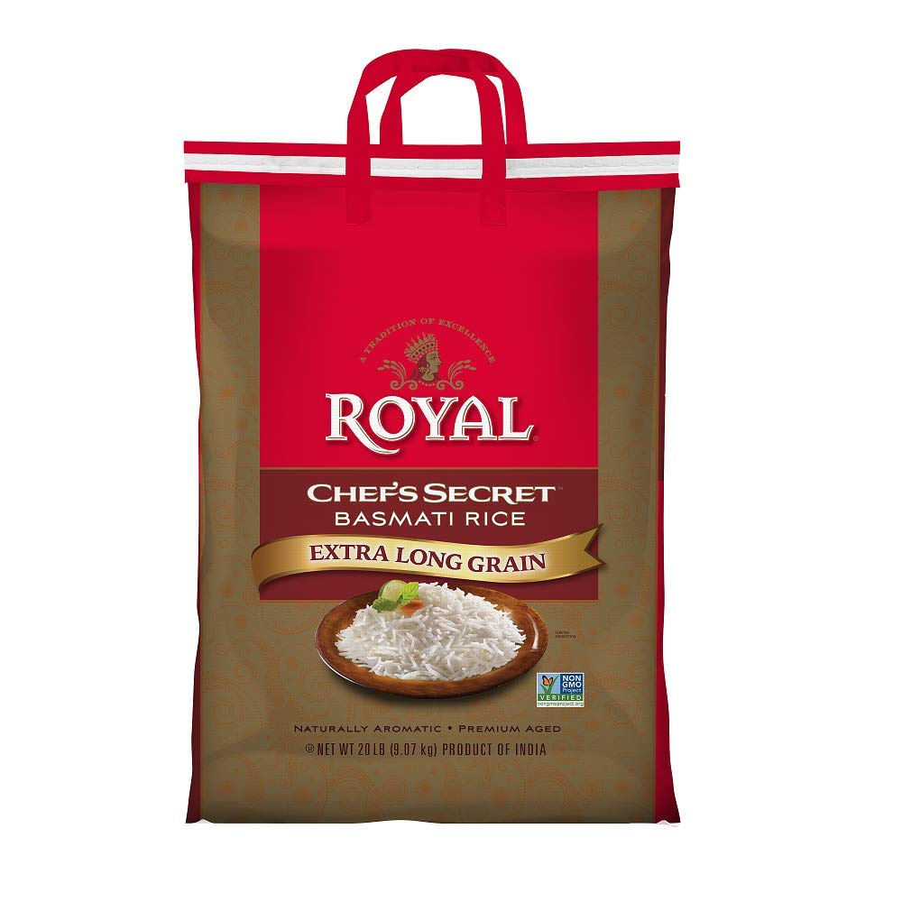 Royal Chef's Secret extra-long basmati rice 20lb bag highlighting authentic aroma and premium texture