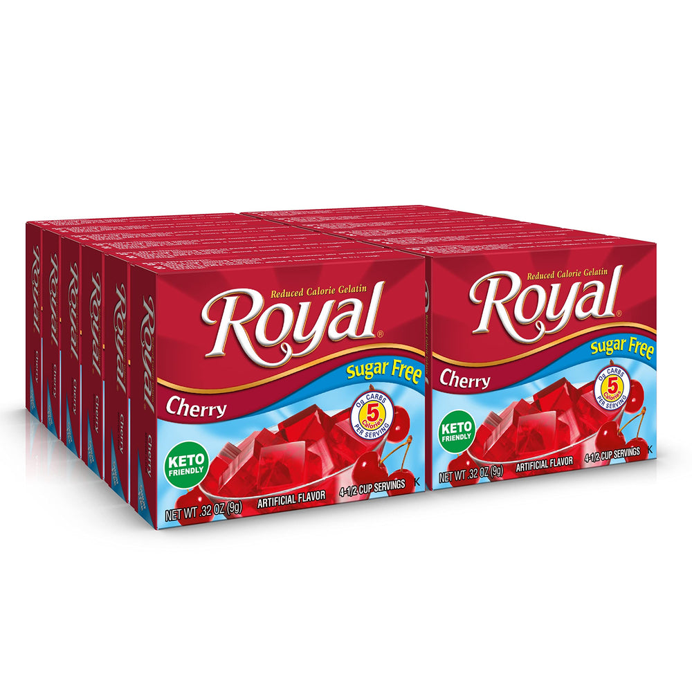 Royal Cherry Gelatin Dessert Mix box front showing the product and convenient packaging.