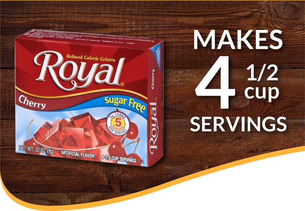Royal Cherry Gelatin topped with fruit for a refreshing snack.
