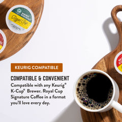 Steam rises from a ROYAL CUP SIGNATURE cup, inviting a comforting aroma.