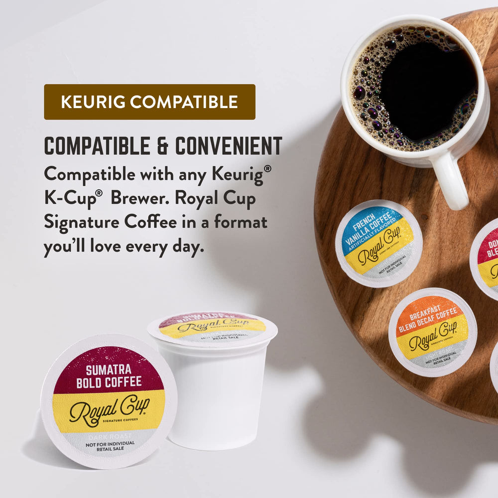 Royal Cup Signature dark-roast pods, rich body and spicy finish for espresso lovers.