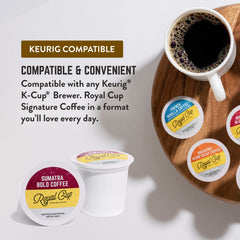 Royal Cup Signature dark-roast pods, rich body and spicy finish for espresso lovers.