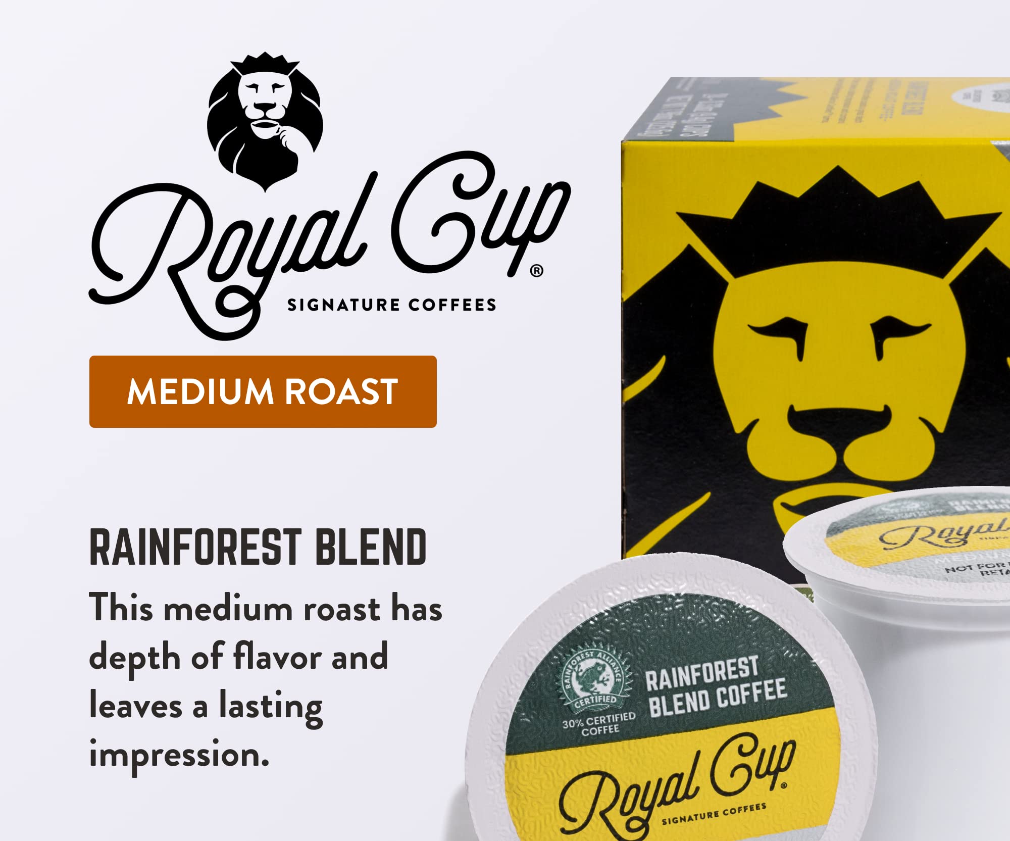 ROYAL CUP SIGNATURE Rainforest Alliance logo on packaging.