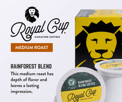 ROYAL CUP SIGNATURE Rainforest Alliance logo on packaging.