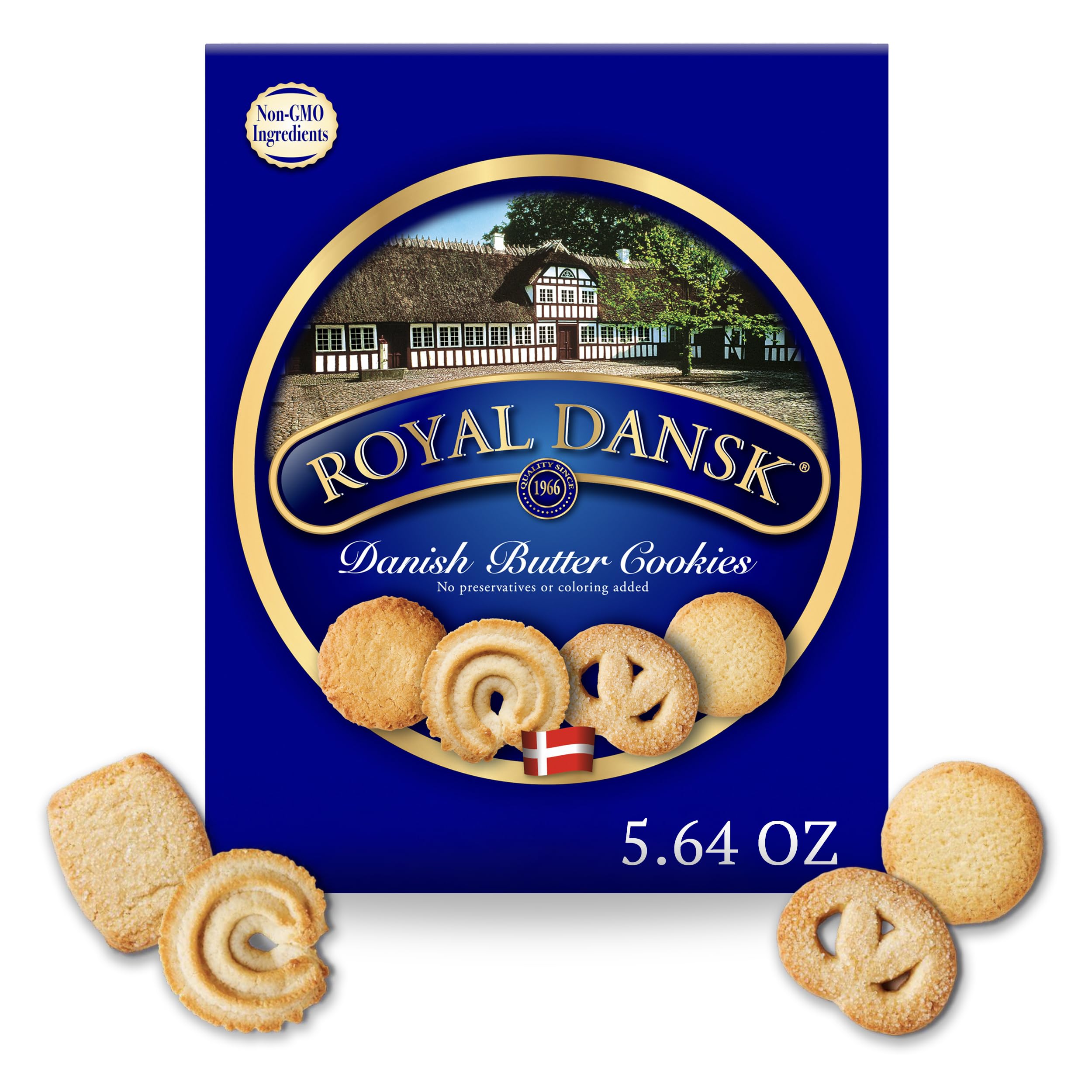 Royal Dansk box front, gift-ready presentation of Danish butter cookies.