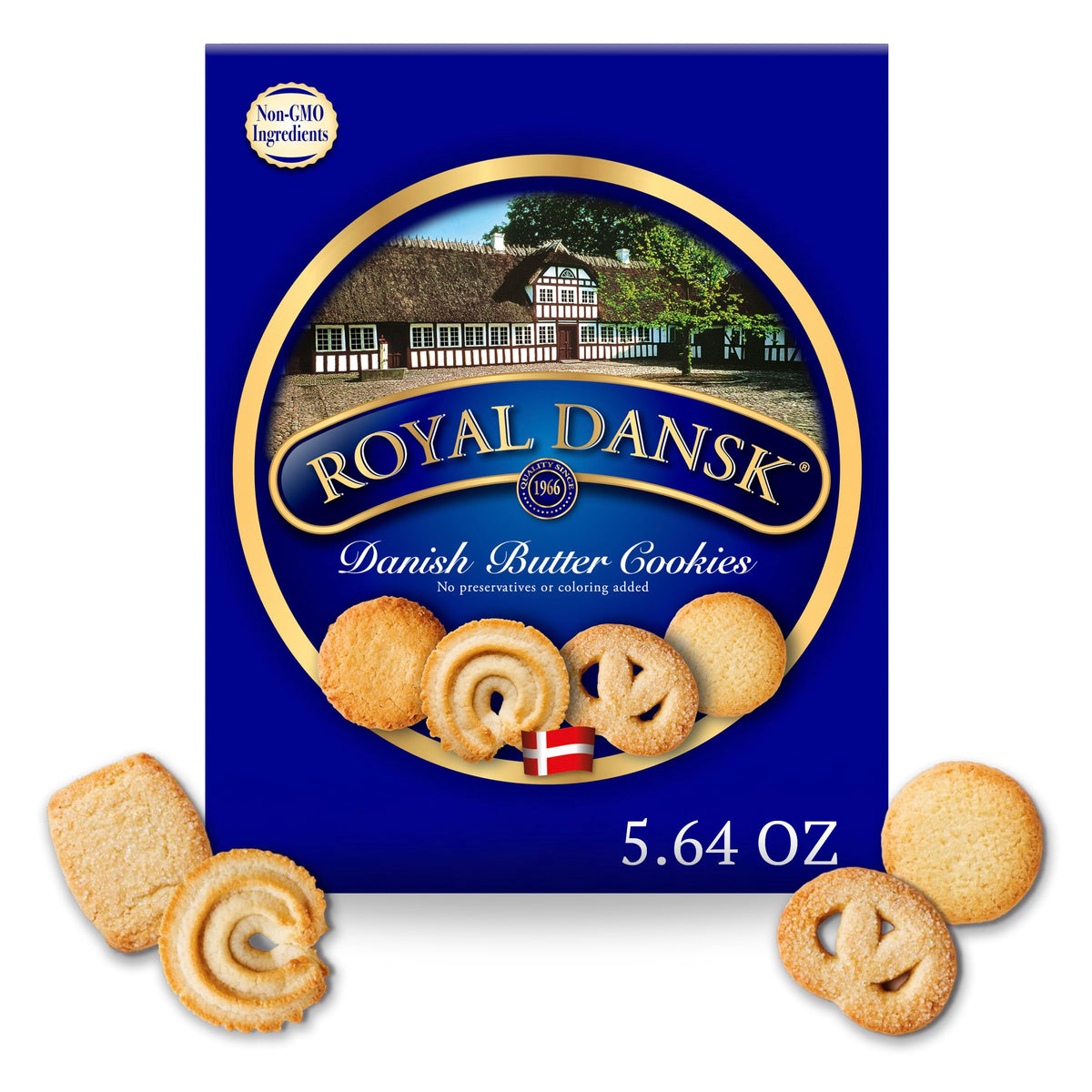 Royal Dansk box front, gift-ready presentation of Danish butter cookies.