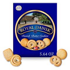 Royal Dansk box front, gift-ready presentation of Danish butter cookies.