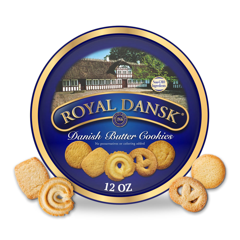 Royal Dansk Danish Butter Cookies gift tin with assorted shapes for sharing.