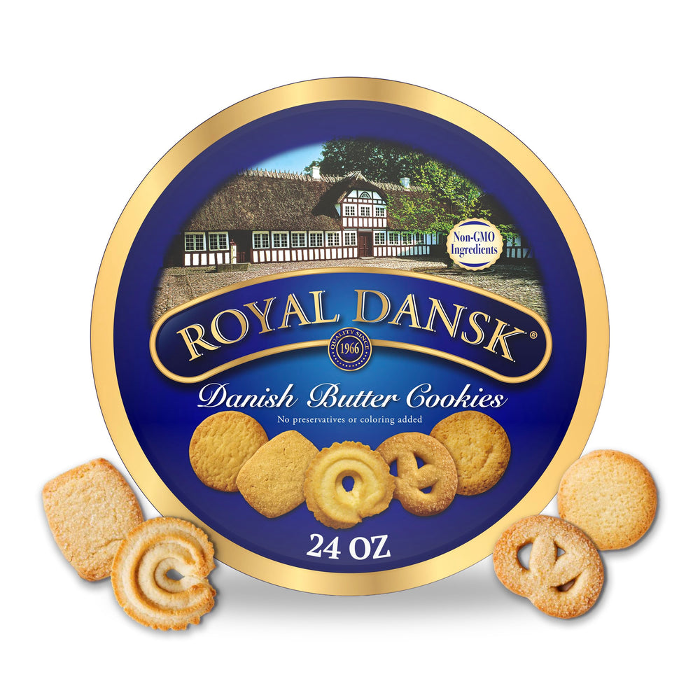 Royal Dansk gift tin with assorted cookies, ideal for sharing and gifting during the holidays.