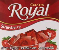 Royal Gelatin strawberry packaging highlighting fat-free dessert option for families.