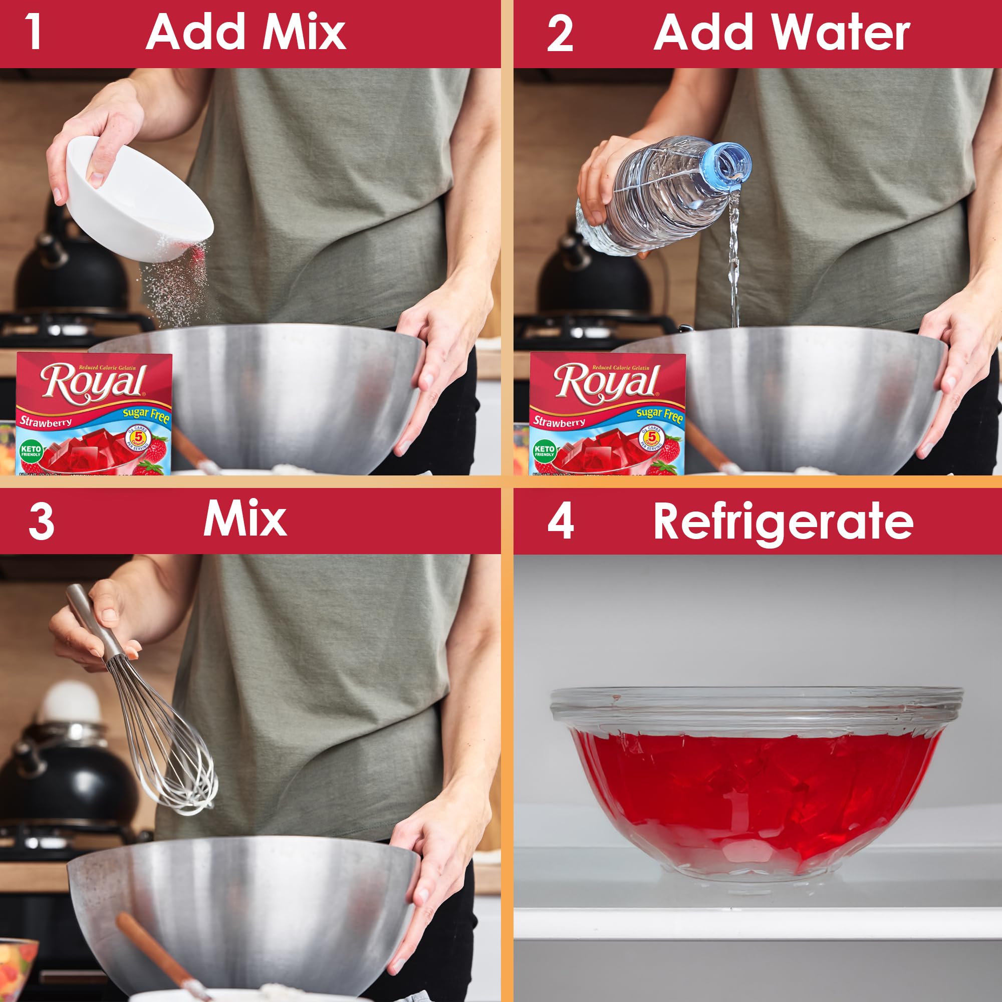 Royal Gelatin box display shows convenient multi-flavor pack for meal planning.