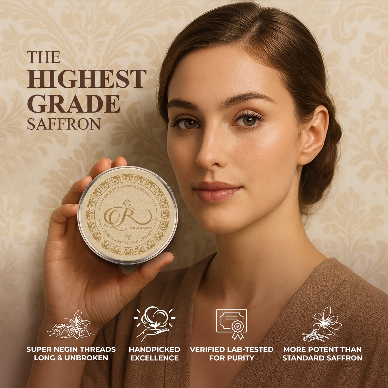 Royal Gold Saffron Grade A+ selection highlights hand-picked quality and rich hue.