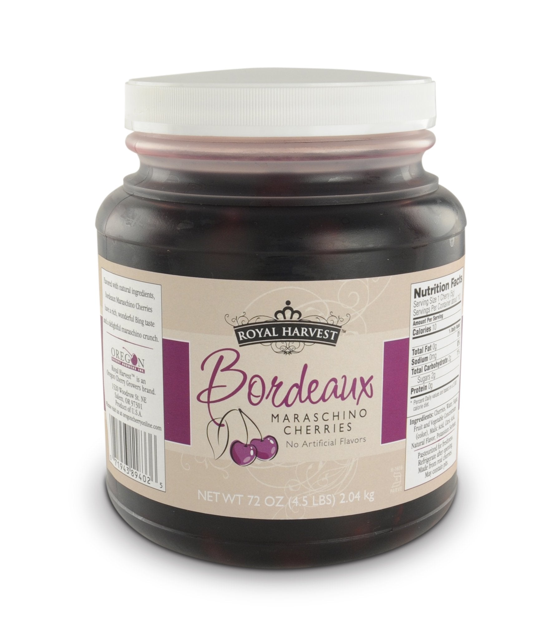Royal Harvest Northwest Noire cherries jar closeup, premium garnish for desserts and toppings.
