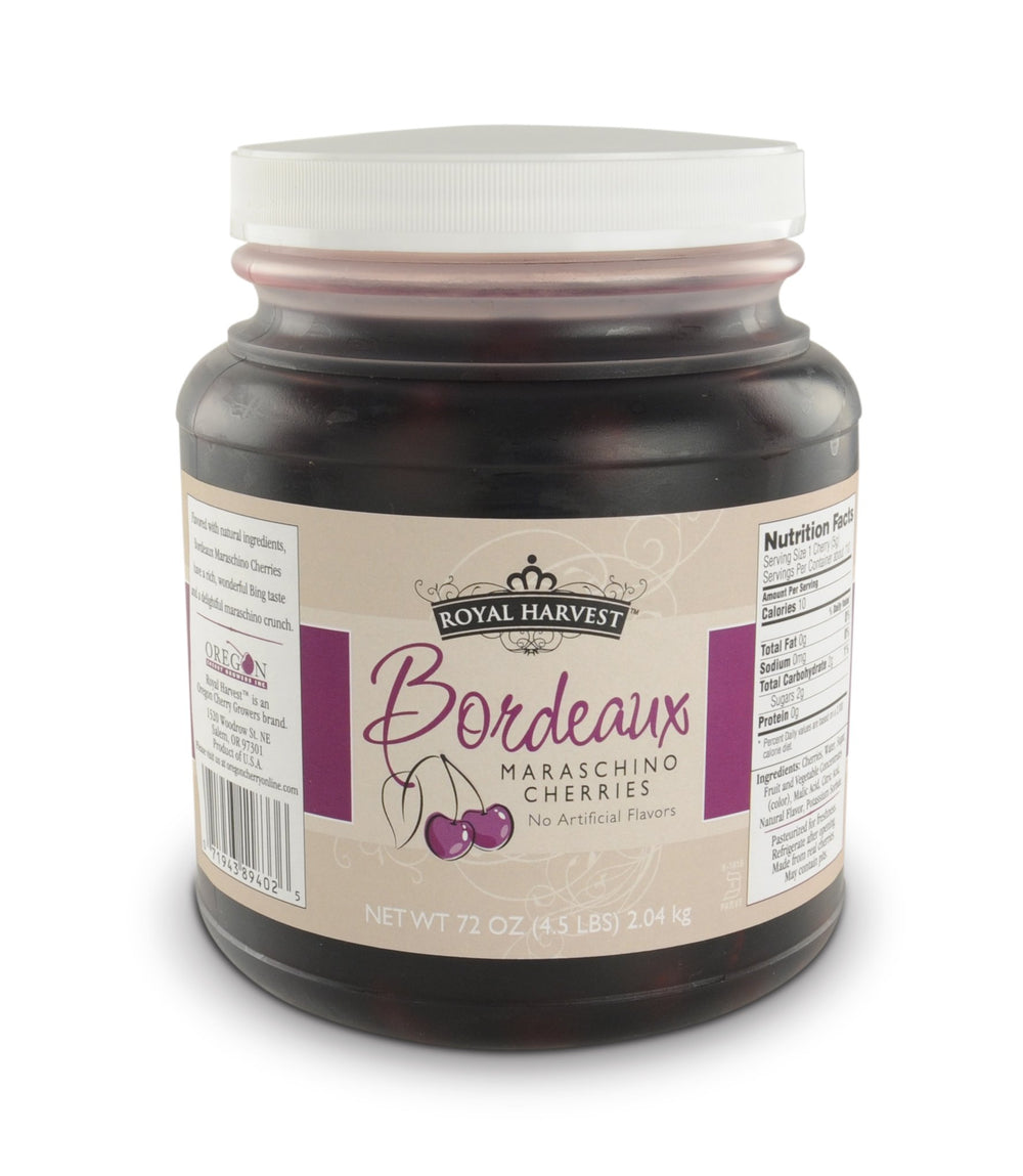 Royal Harvest Northwest Noire cherries jar closeup, premium garnish for desserts and toppings.