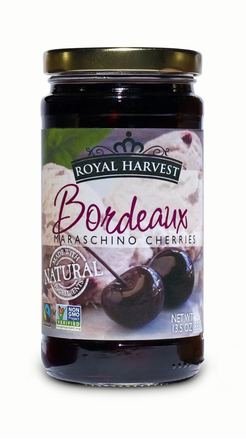 Royal Harvest Northwest Noire Maraschino cherries in a jar, ideal for desserts and cocktails