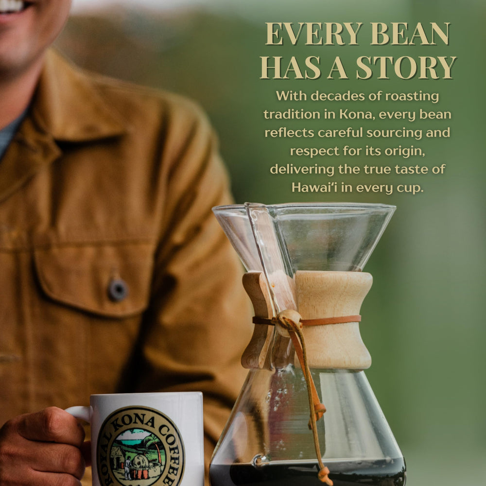 Royal Kona Coffee brew-ready mug-shot; easy preparation and inviting aroma.