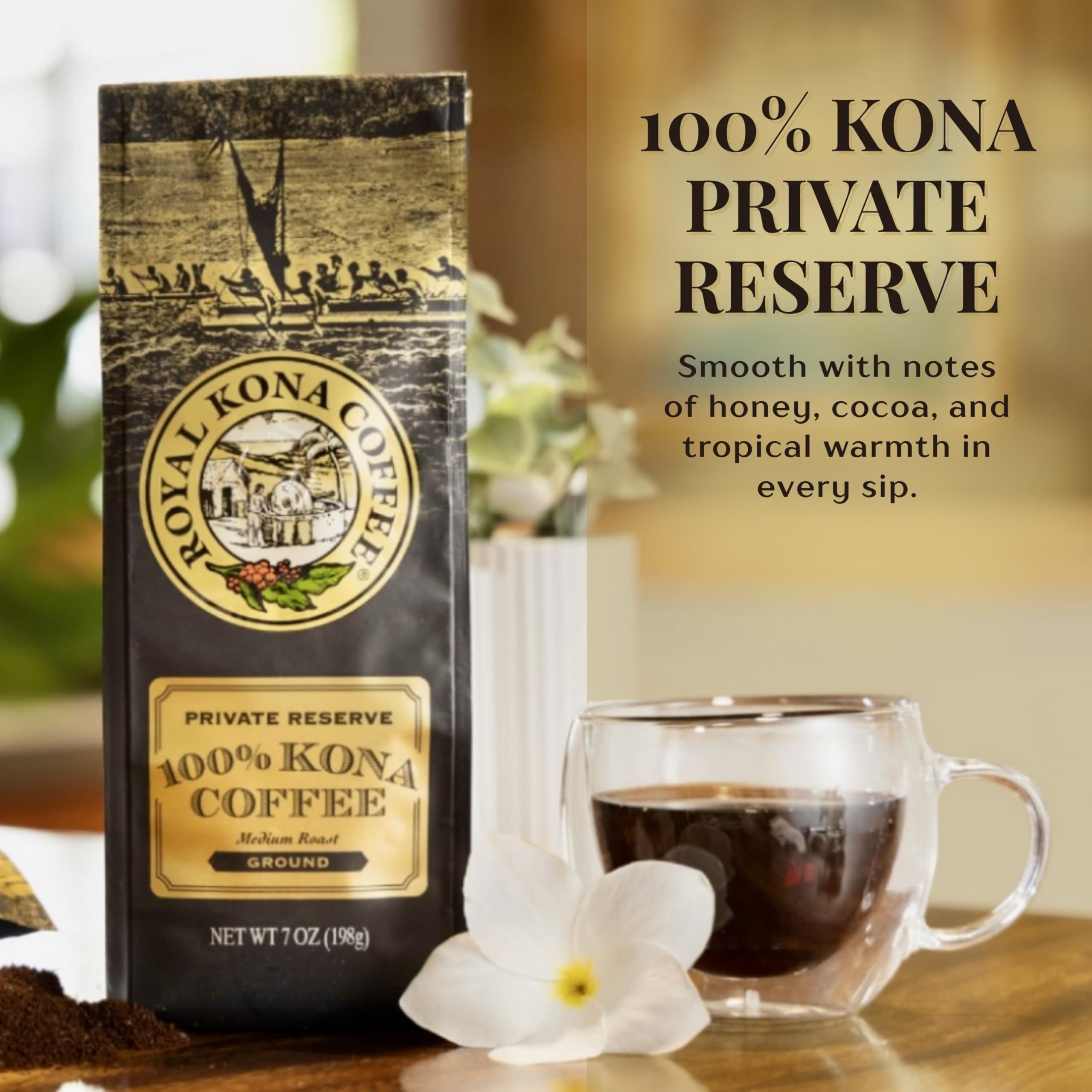 Steaming cup of Royal Kona Coffee Ground to savor a smooth sip.