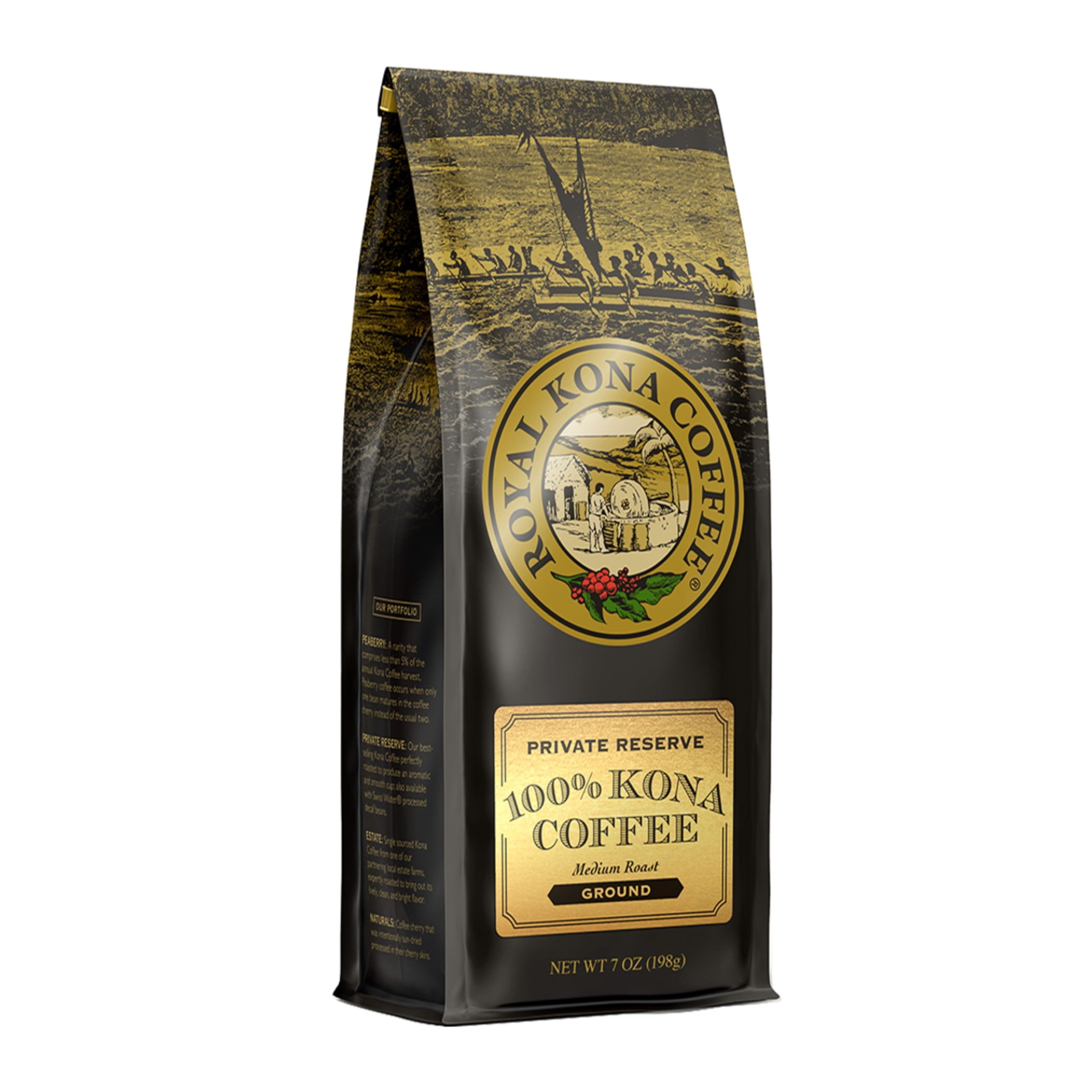 Royal Kona Coffee Ground Private Reserve pack ready to brew.