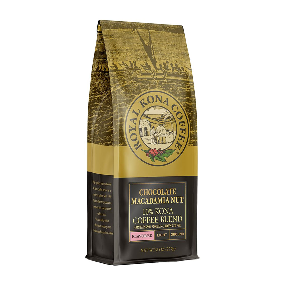 ROYAL KONA Coffee packaging close-up highlighting premium Kona blend for rich mornings