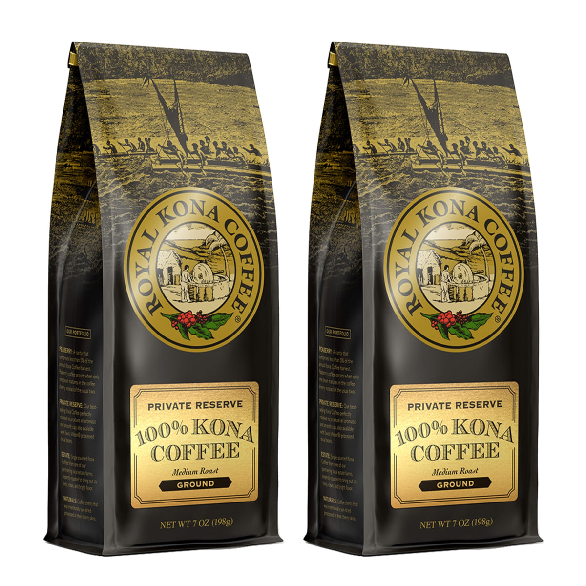 Royal Kona Coffee Private Reserve 2-Pack; premium ground coffee for a rich medium roast at home.