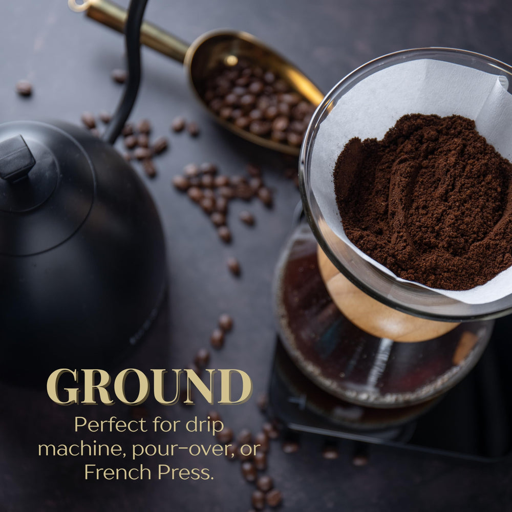 Royal Kona blend ground coffee delivers smooth flavor with vanilla macadamia hints.