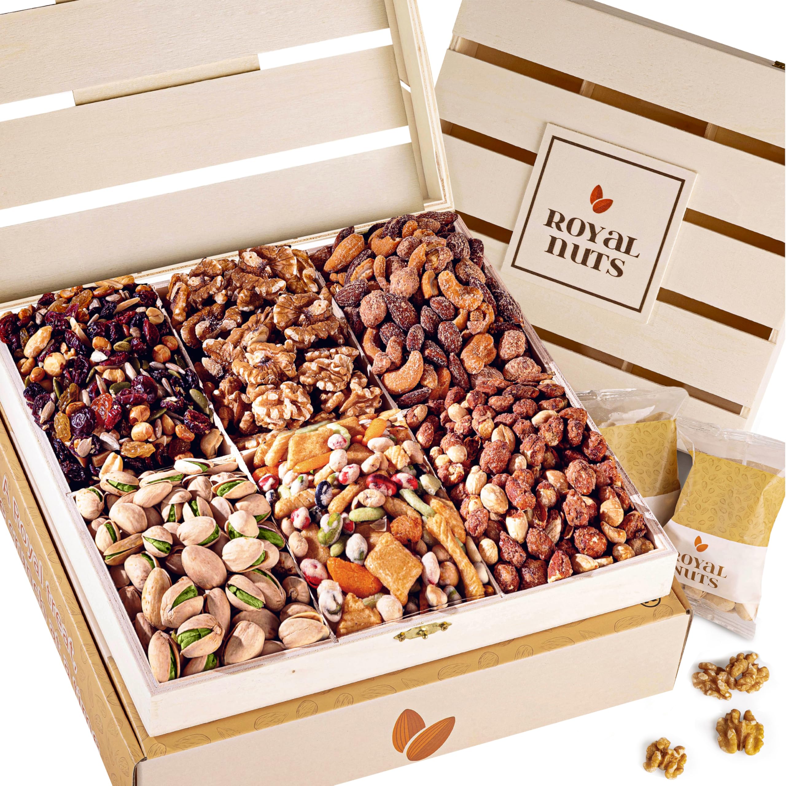 Royal Nuts Gift Basket six-section assortment ready for sharing.