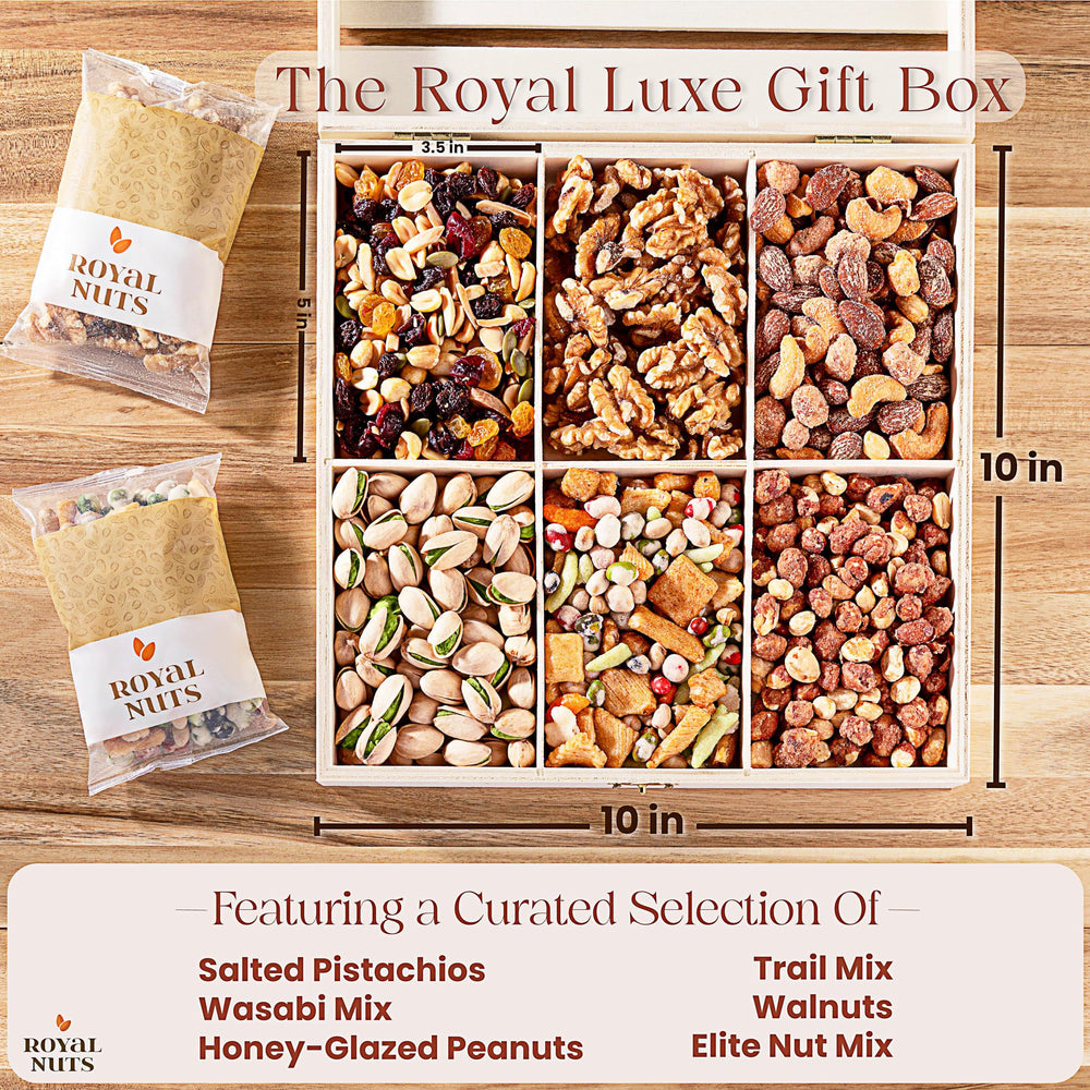 Royal Nuts reusable wooden crate doubles as a stylish serving tray.